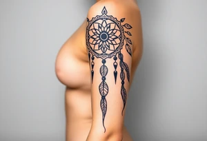 native dreamcatcher with flowing feathers and sacred beads tattoo idea