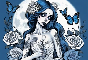 corpse bride Emily wearing a wedding dress she is holding a blue rose bouquet of flowers. one white daisy in the middle of the bouquet. one blue butterfly. A full moon on the background. full grown tattoo idea