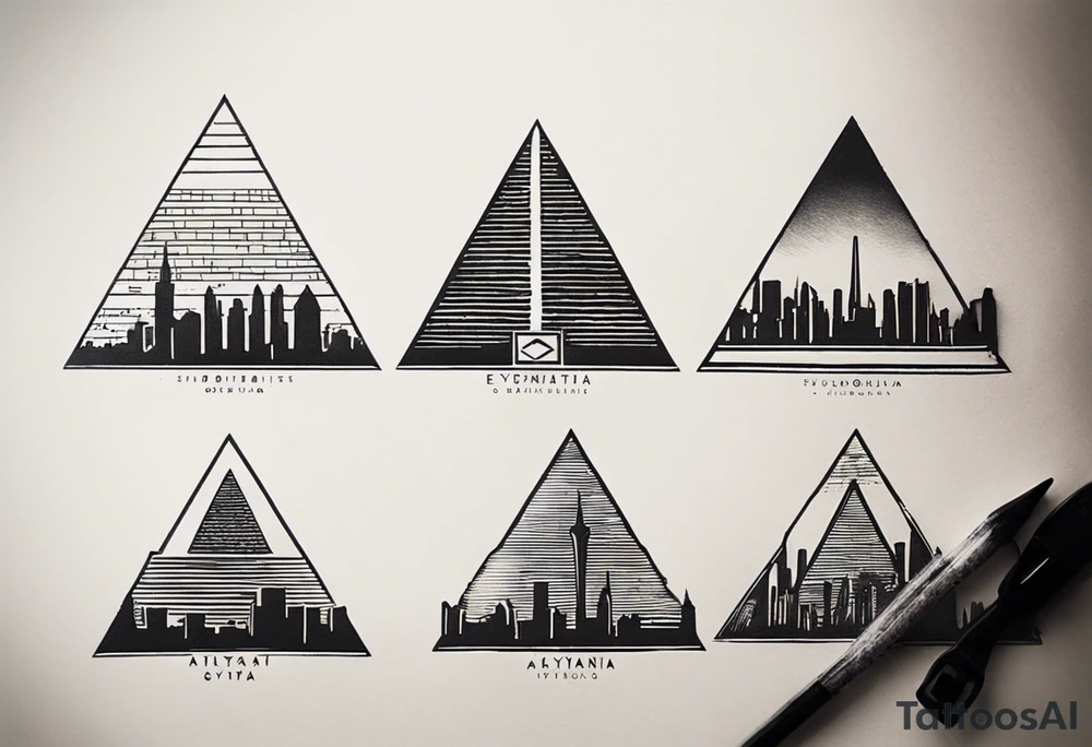 "Design a minimalist yet meaningful tattoo featuring a subtle fusion of the Pyramids of Giza and the Manhattan skyline. Opt for clean lines and essential elements, such as the silhouettes of the pyramids integrated with key skyscrapers. Consider a monochromatic color scheme to maintain simplicity, and choose a compact size for an understated yet impactful representation of your Egyptian and New York connections tattoo idea