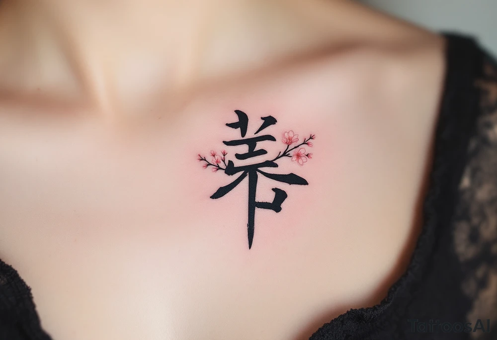 A stylized black kanji for “love” (愛) with soft pink cherry blossoms around it. tattoo idea