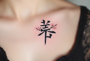 A stylized black kanji for “love” (愛) with soft pink cherry blossoms around it. tattoo idea