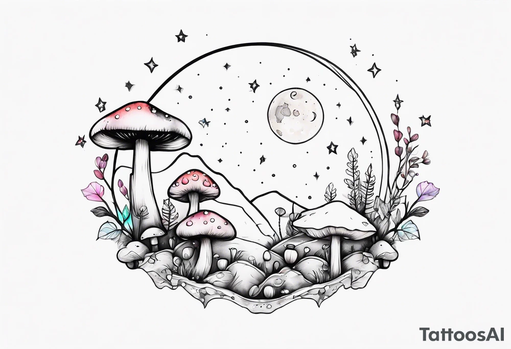 moon with crystals, mushrooms tattoo idea