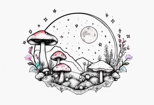 moon with crystals, mushrooms tattoo idea