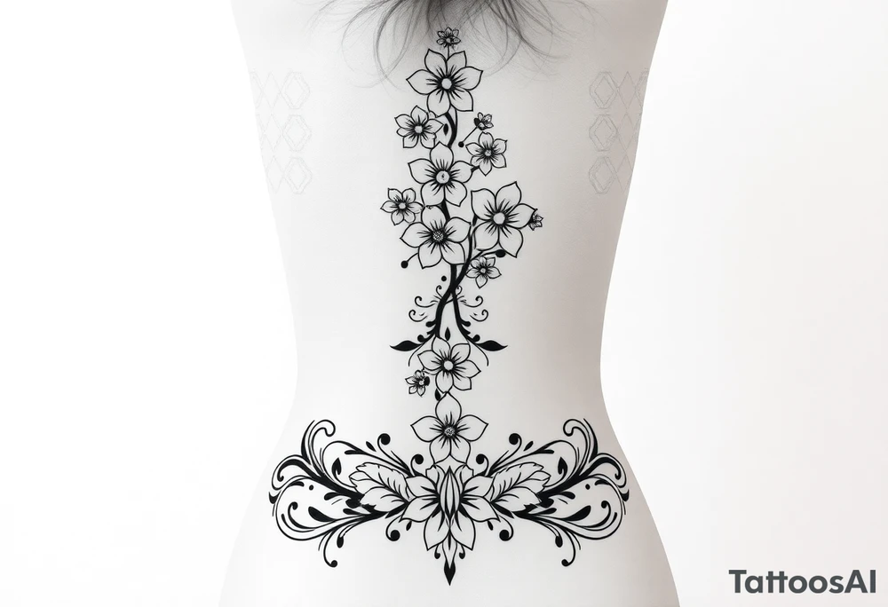 A detailed and elegant tattoo design for the spine, incorporating a vertical flow of cherry blossoms  The lower back features symmetrical ornamental elements inspired by tribal and decorative patterns, seamlessly blending into the floral motif. The design uses fine linework, intricate dotwork, and soft curves that follow the natural contours of the body, creating a feminine and cohesive piece. The overall aesthetic is balanced, with a mix of bold ornamental elements at the lower back and light, airy floral accents along the spine. tattoo idea