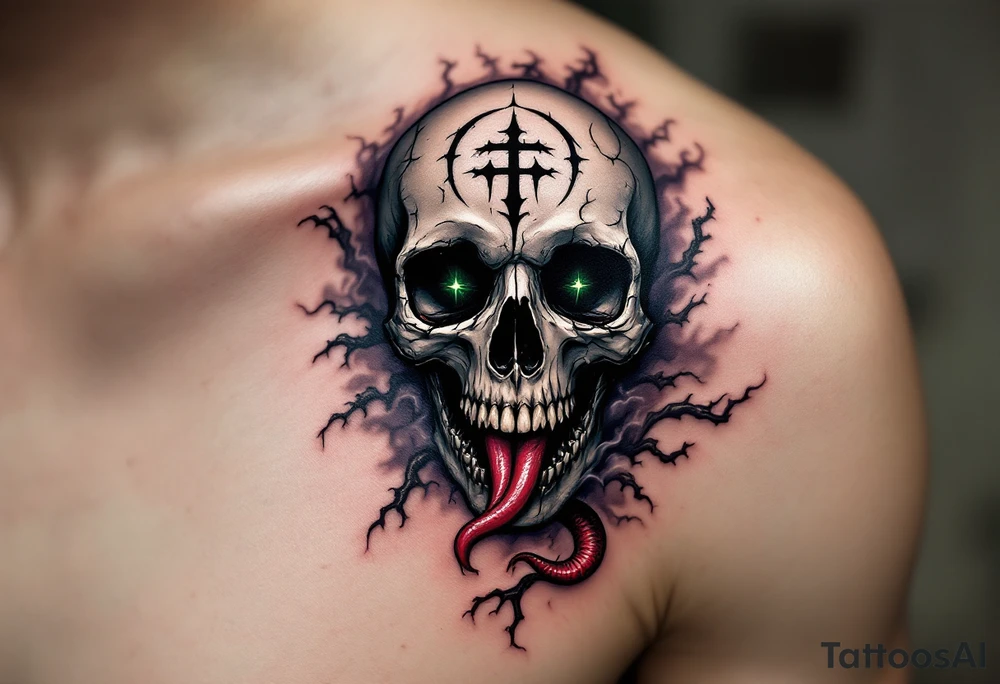 A detailed skull with the Dark Mark etched across its forehead, with a serpent's tongue flicking from its mouth. Surrounding the skull are thorny vines and creeping smoke. Black for the skull, green and red for the serpent’s tongue, and deep purple and grey for the vines and smoke. tattoo idea