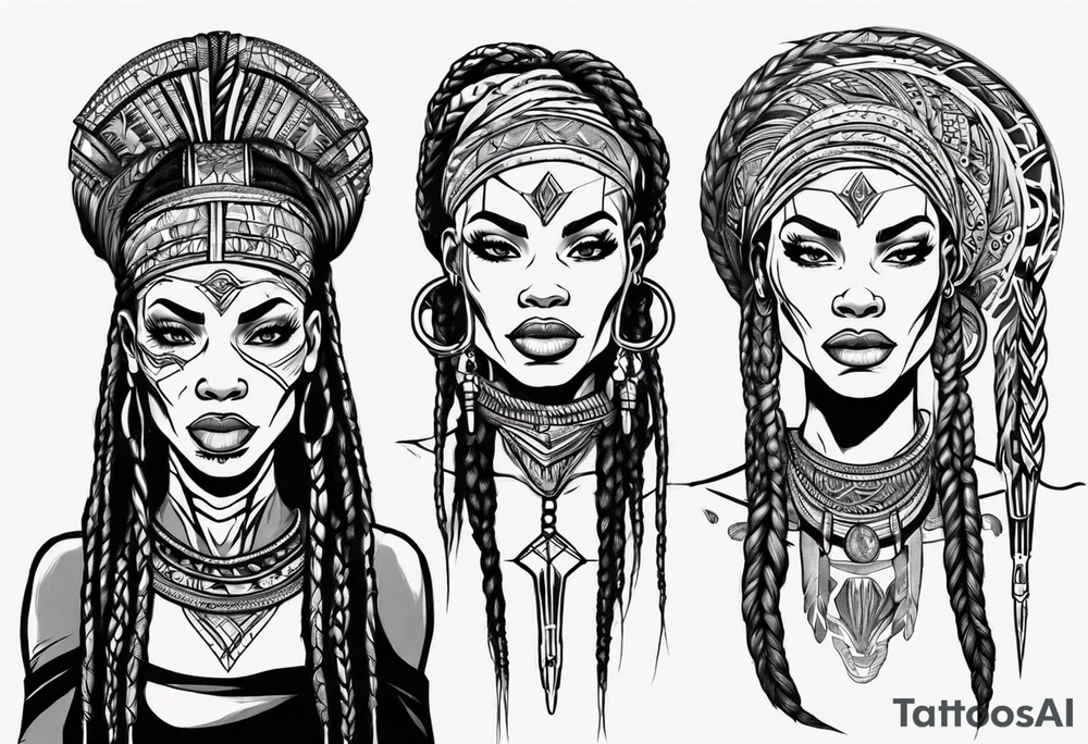 African female Valkyre full body 
slim long face long braided hair tattoo idea