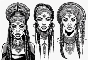 African female Valkyre full body 
slim long face long braided hair tattoo idea