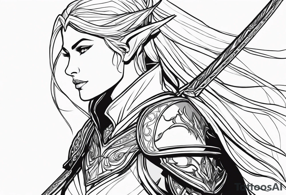Sketch a 3/4 profile of an androgynous elven warrior with a majestic, epic, and heroic facial appearance and short hair in a fantasy comic book style. Sketch only in simple, clean contour lines. Sketch with dynamic movement rendered only in thick outer lines of black ink, with only outer strokes and contours. The genderless elf's face has a serious, resolute expression, and the figure holds an ornate sword in his hand. Create a backdrop with the moon and mountains on the horizon forming the setting behind the character. The figure has narrow eyes, furrowed brows, and lips pressed into a thin, strong line, demonstrating unwavering determination framed by the silhouette of a royal crown of metal leaves. The elven features are defined by hard, defined cheekbones, an angled, defined forehead, a hard, strong jaw, and strong, pointed ears. Sketch only with outer contours in black ink; art should be high contrast black and white only. Sketch is just outer lines with black ink concept art style, developed for fantasy comic book characters tattoo idea