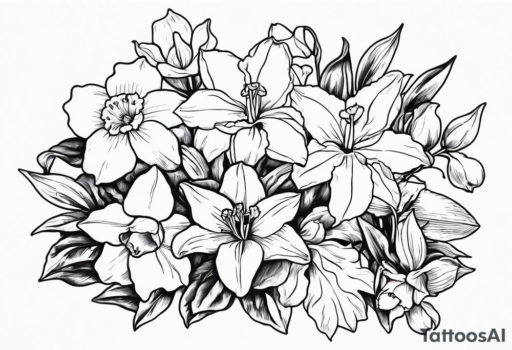 Violet and iris, Daffodil and jonquil, Lily and hawthorn, Holly and narcissus tattoo idea