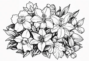 Violet and iris, Daffodil and jonquil, Lily and hawthorn, Holly and narcissus tattoo idea