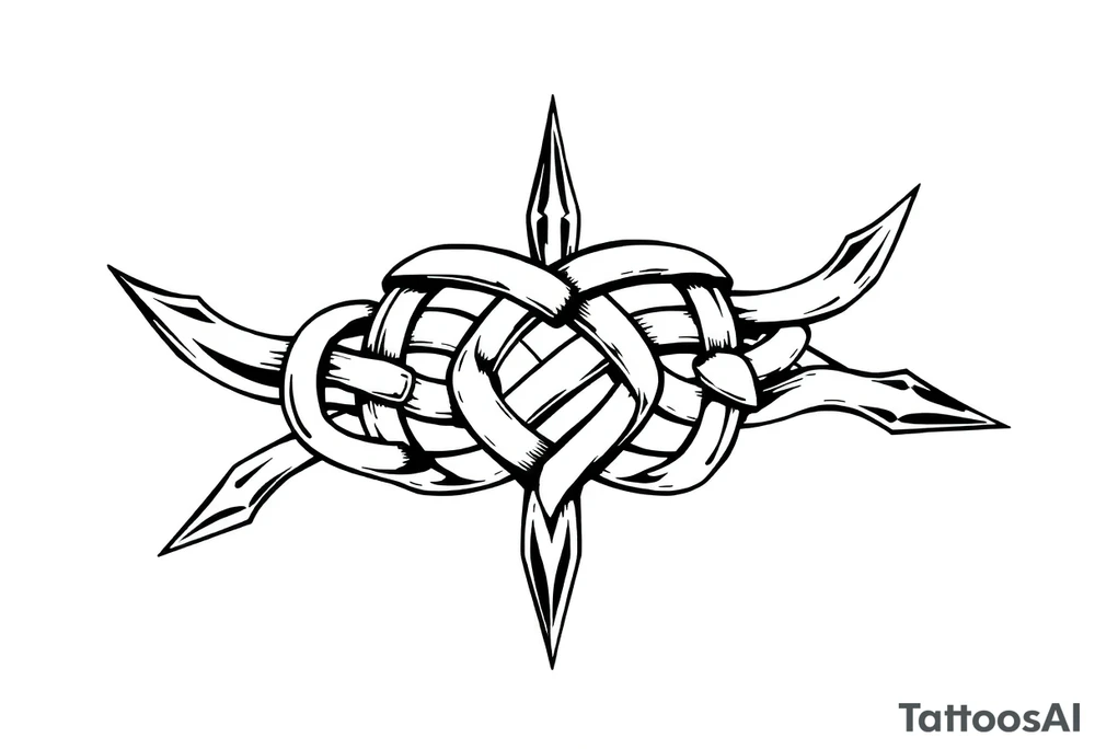 A Celtic knot armband with interwoven loops, featuring pointed ends that give it a dynamic, thorned or blade-like appearance that incorporates nature through roots Designed to wrap around the arm like a torc or tribal band tattoo idea