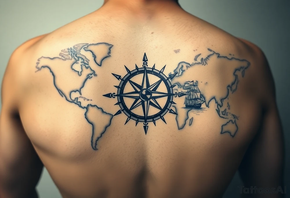antique compass rose overlaid on weathered world map with sailing ships tattoo idea