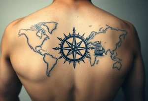 antique compass rose overlaid on weathered world map with sailing ships tattoo idea