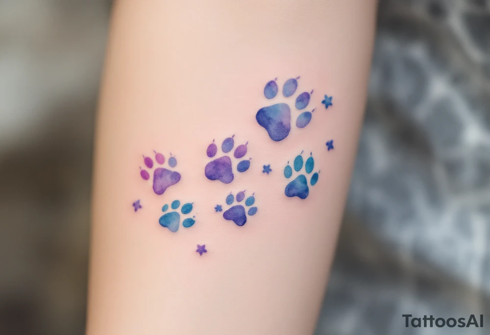 Watercolor Paw Trail – Soft, flowing paw prints in watercolor shades of lavender, teal, and sky blue fading into one another, symbolizing a free-spirited feline soul. tattoo idea