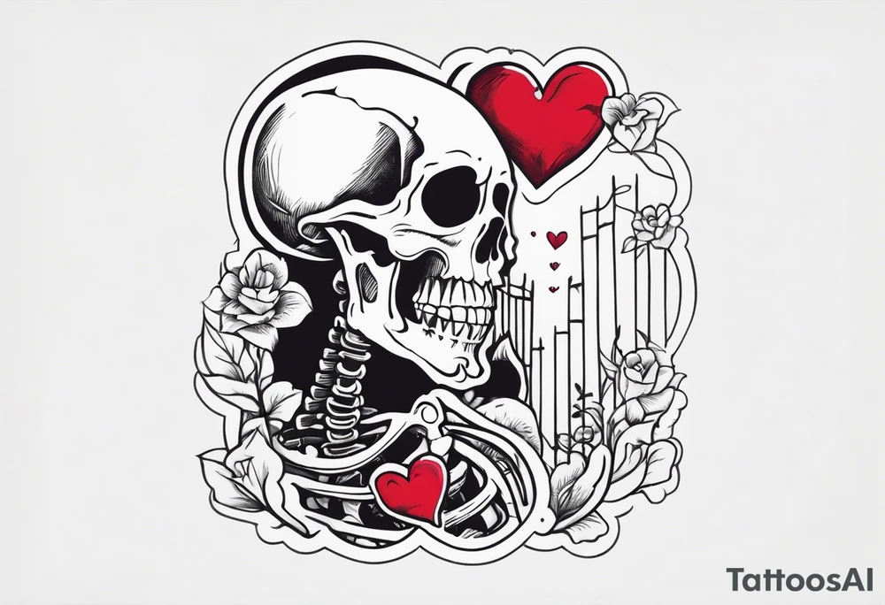 One skeleton with eyes in the shape of hearts, one skeleton sitting tattoo idea