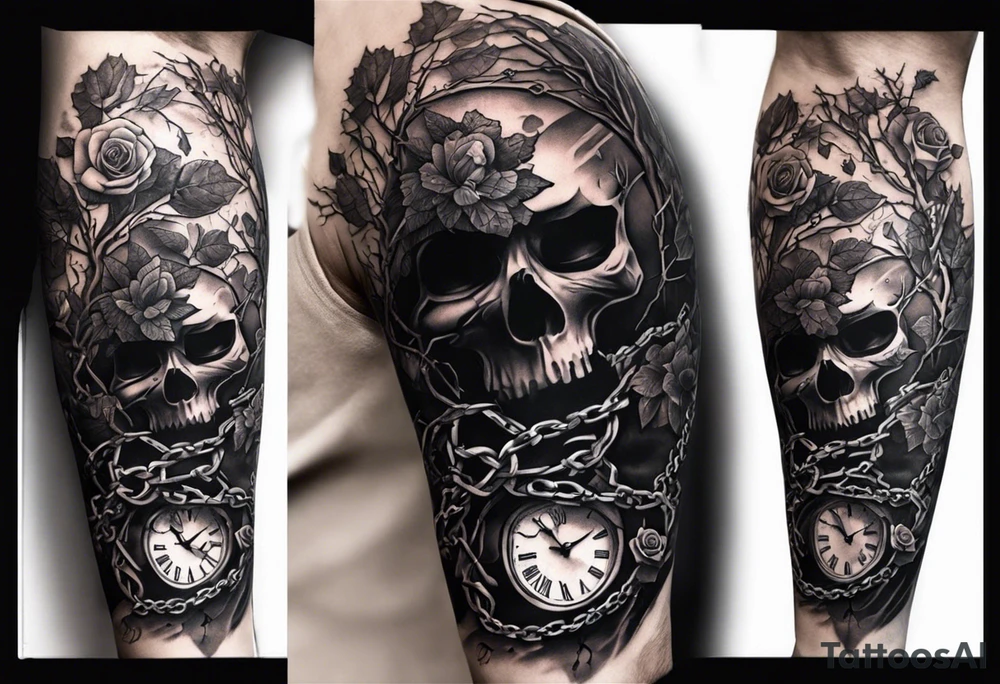 tattoo fool sleeve, tree roots break out of the chains at the bottom of the hand, Symbolizing loss, an image of a broken mask, Clock with flying numbers, girl, skull, roses tattoo idea