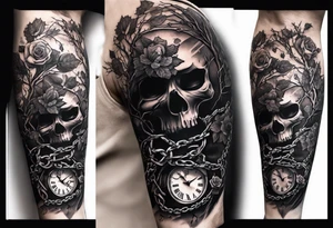 tattoo fool sleeve, tree roots break out of the chains at the bottom of the hand, Symbolizing loss, an image of a broken mask, Clock with flying numbers, girl, skull, roses tattoo idea