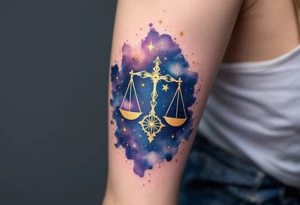 A celestial-themed tattoo combines the Libra star constellation in gold with a cosmic sky in navy and purple hues. tattoo idea