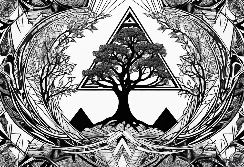 minimalistic Yggdrasil tree with 3 triangles tattoo idea
