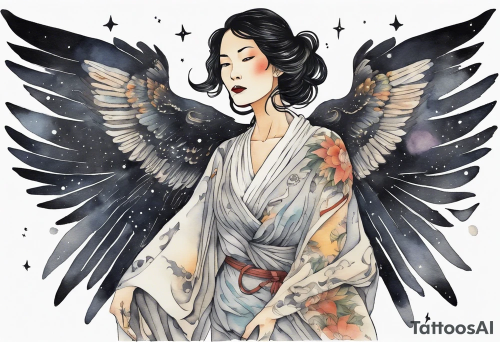 a beautiful 55 year old Dakota woman wearing a tunic, flying in the night sky with black wings, tattoo idea