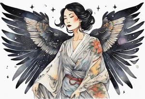 a beautiful 55 year old Dakota woman wearing a tunic, flying in the night sky with black wings, tattoo idea