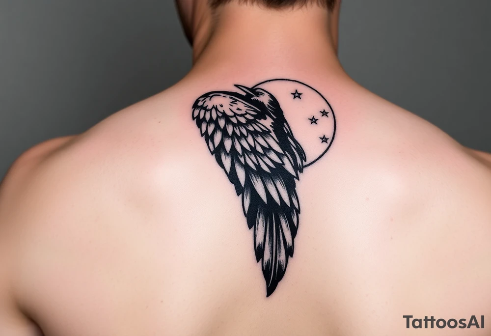 Raven from side view with wing out over moon tattoo idea