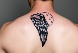 Raven from side view with wing out over moon tattoo idea