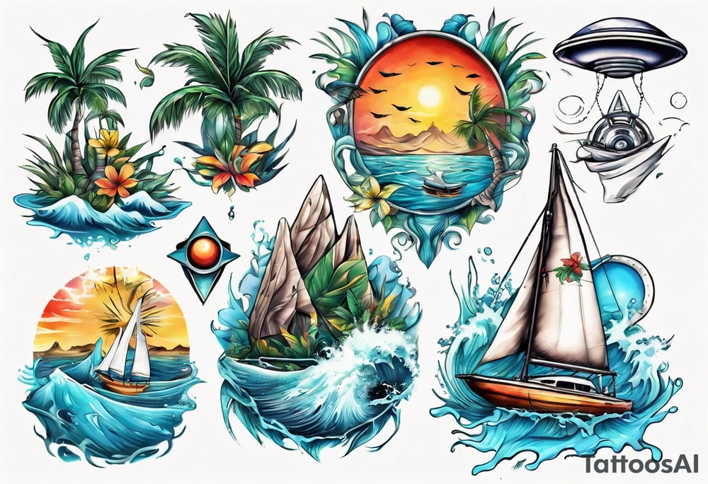 Tropical water with a sailing boat and a UFO tattoo idea
