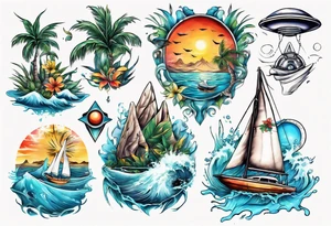 Tropical water with a sailing boat and a UFO tattoo idea