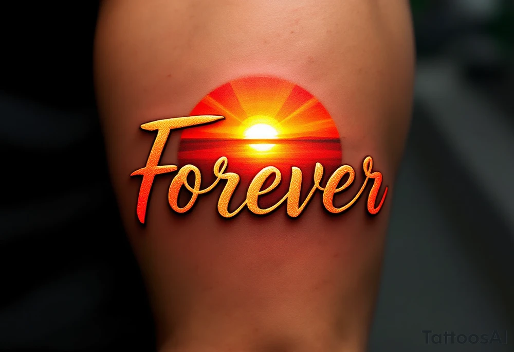 A glowing sunset behind the word "forever" in warm orange and gold gradient cursive. tattoo idea