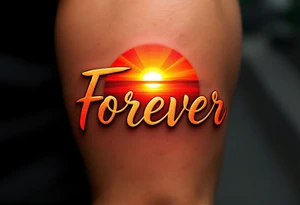 A glowing sunset behind the word "forever" in warm orange and gold gradient cursive. tattoo idea