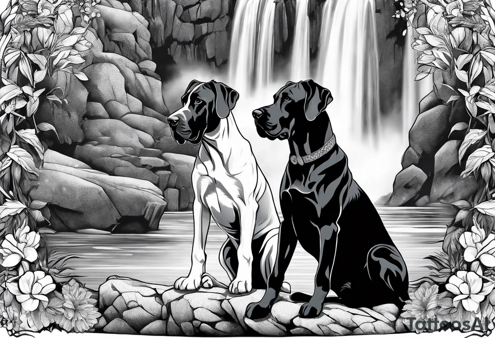 Arm sleeve- with four Great Danes in front of waterfall tattoo idea
