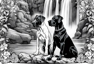 Arm sleeve-  with four Great Danes in front of waterfall tattoo idea