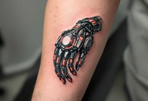 A realistic biomechanical hand tattoo in metallic silver and deep gunmetal with red LED-like highlights mimicking robotic joints. tattoo idea