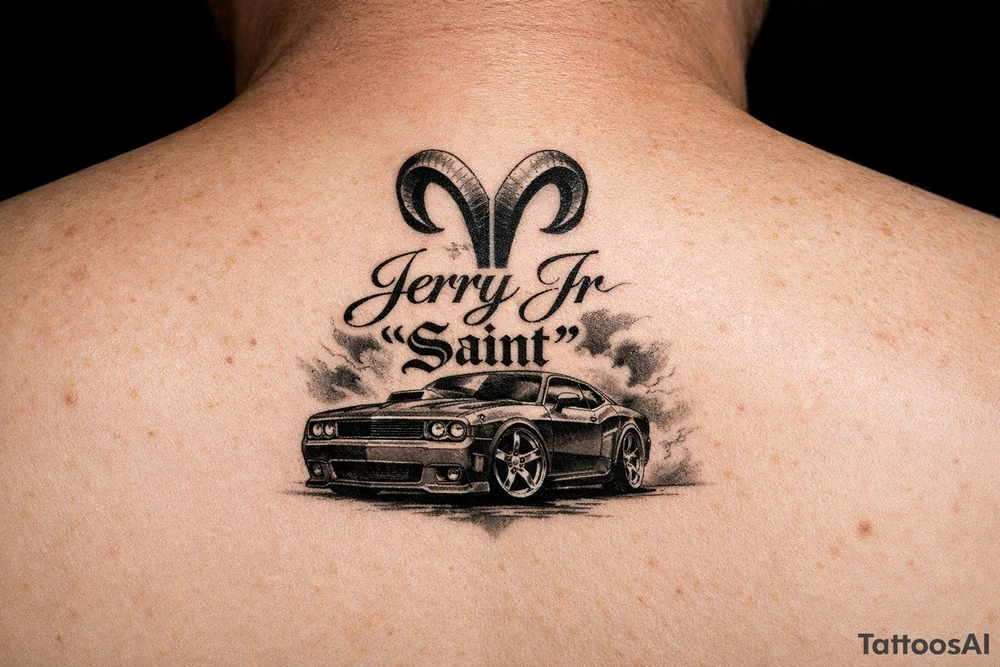 Aries symbol with Jerry Jr name and nickname Saint with a car with rims tattoo idea