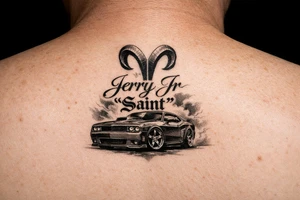 Aries symbol with Jerry Jr name and nickname Saint with a car with rims tattoo idea