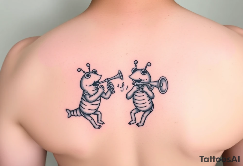 Two cartoon crayfish playing music together with trombone and trumpet tattoo idea