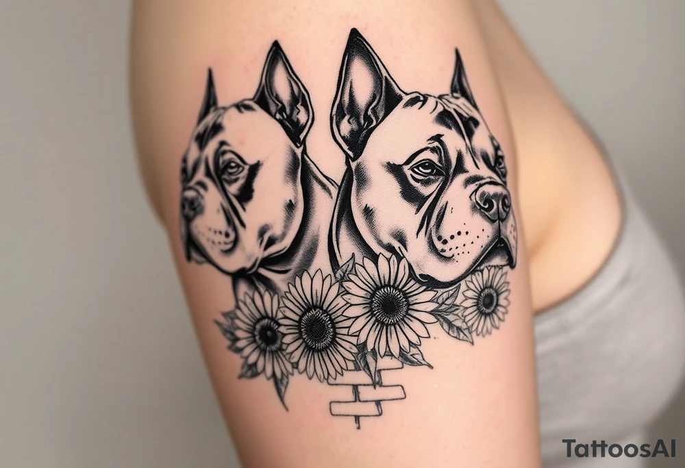 Very thick muscled up pitbull portraits fading into the background as filler incorporate sunflowers, an old road made from pavers tattoo idea