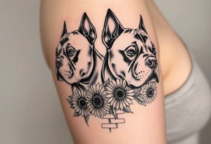 Very thick muscled up pitbull portraits fading into the background as filler incorporate sunflowers, an old road made from pavers tattoo idea