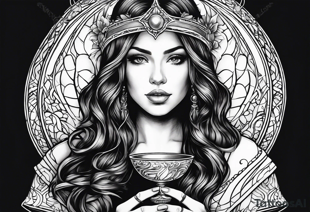 a woman with a halo holding a chalice tattoo idea