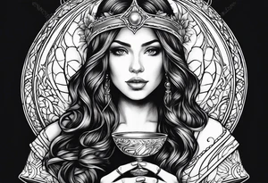 a woman with a halo holding a chalice tattoo idea