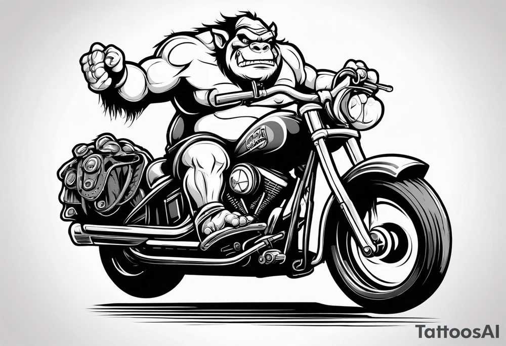 Ogre riding a Harley with ape hanger handlebars tattoo idea