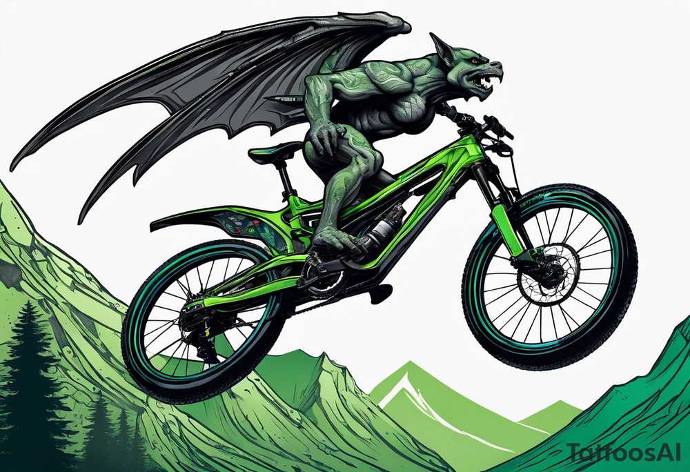 gargoyle riding a full suspension green mountain bike with a shadow no background with wings tattoo idea