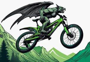 gargoyle riding a full suspension green mountain bike with a shadow no background with wings tattoo idea