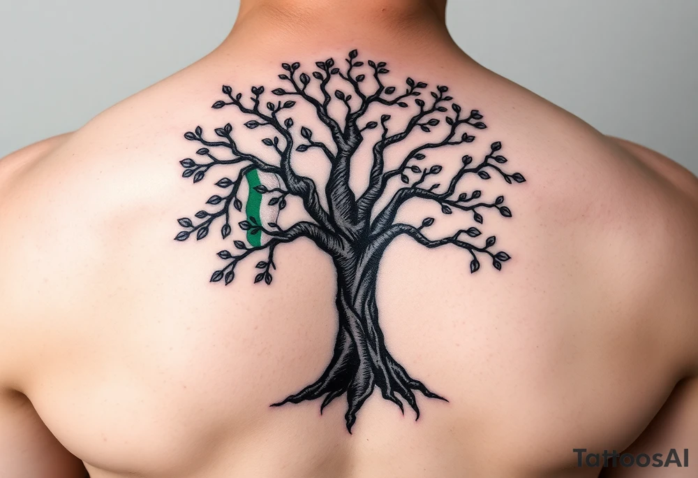 Tree of life with Jamaican and Irish flag colours combined on the leaves tattoo idea