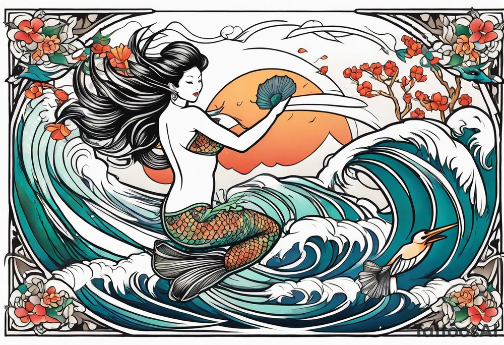 mermaid jumping to see pelicans tattoo idea