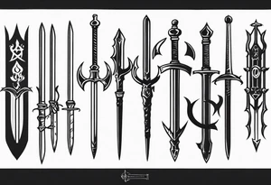 Medieval weapons rack with 4 different kind of piercing weapons hanging from 4 of the 6 open spaces. tattoo idea