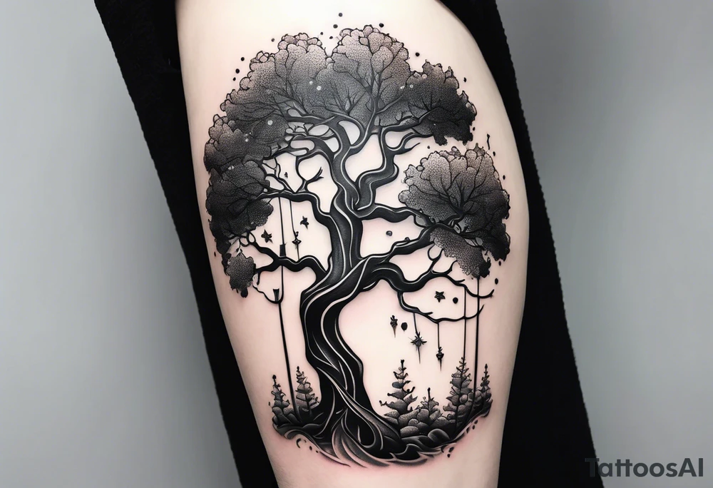 One line tattoo of oak tree with little gift at the bottom tattoo idea