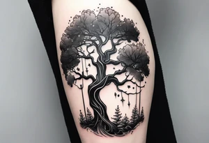 One line tattoo of oak tree with little gift at the bottom tattoo idea