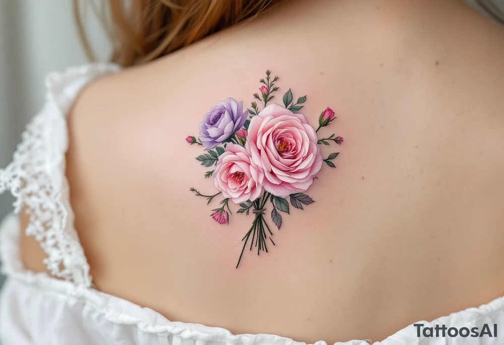Tiny bouquet of wild roses, in pastel pinks and purples, tied loosely with thread-like ink strokes. tattoo idea
